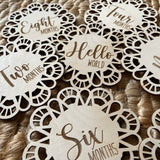 Lace Scallop | Wood l Engraved Baby Monthly Milestone Discs - Doublesided - Set of 8/16 milestones