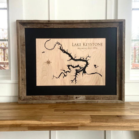 3d wooden lake map of Lake Keystone Oklahoma - shown in a barnwood frame with a black mat, birchwood for the main bod and a black stained water layer
