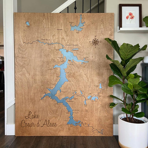 48x60” XL 4ftx5ft 3-D Lake Art - Lake Coeur d’Alene, Hayden, Fernan and Hauser