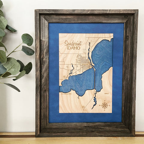 Sandpoint, Idaho Custom Engraved 3-D Wood Map Wall Hanging