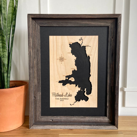 Framed Flathead Lake, Montana Engraved 3-D Wood Map Wall Hanging