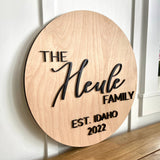 Wood 3-D Family Name Est. Sign 12"- 36" Round