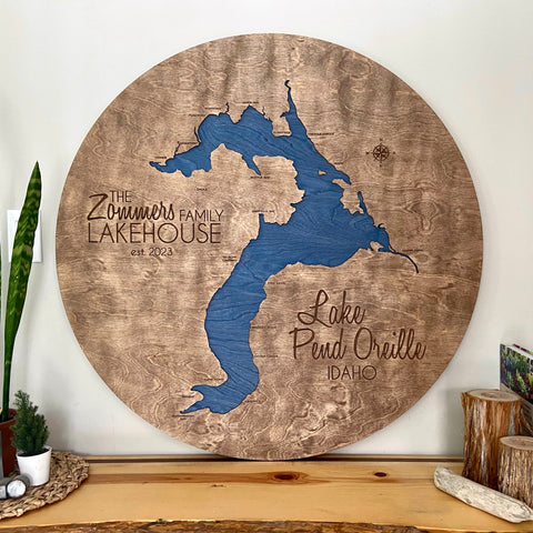 Round Lake Pend Oreille, Idaho Map Custom Engraved 3-D Wood Map Wall Hanging