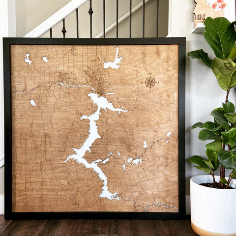 48x48" - XL 4 foot square 3-D Lake Coeur d'Alene Art with engraved roads
