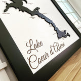 Lake Coeur d’Alene map art black and white 