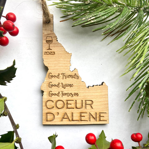 Good Friends, Good Wine, Good Times in Coeur d’Alene Idaho Wood Christmas Ornament