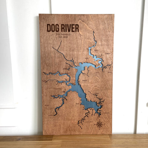 Dog River, Alabama Custom Engraved 3-D Wood Map Wall Hanging