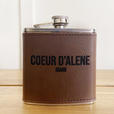 6oz Coeur d’Alene Dark Beown Leatherette Stainless Steel Flask - personalized engraved flask