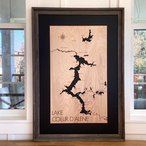 In stock/RTS - 27x39” Natural and Black Framed Lake Coeur d’Alene Lake Map