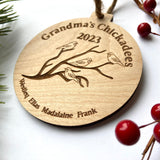Grandma’s Chickadees - Grandchildren Round Wood Christmas Ornament