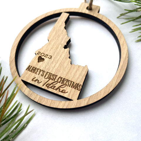 First Christmas in Idaho Round Circle Wood Christmas Ornament - Boise 2023