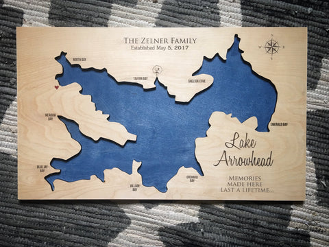Lake Arrowhead, California Custom Engraved 3-D Wood Map Wall Hanging