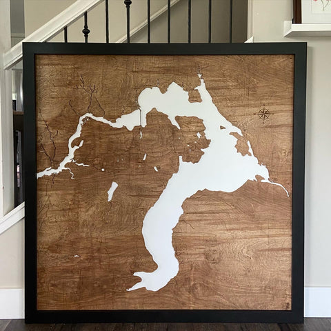 48x48" - XL 4 foot square 3-D Lake Pend Oreille Art with engraved roads
