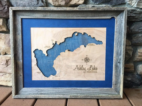 Ashley Lake, Montana Engraved 3-D Wood Map
