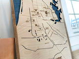Side view detail of a wood engraved 3-D map of Baton Rouge city