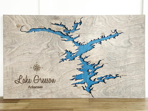 3d wood map of Lake Greeson Arkansas in Grey stain and blue water