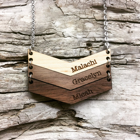 Mama Chevron Wood Engraved Name Necklace