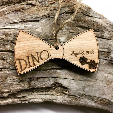 Pet Memorial Ornament - Bowtie with Paw Prints Personalized Wood Christmas Ornament