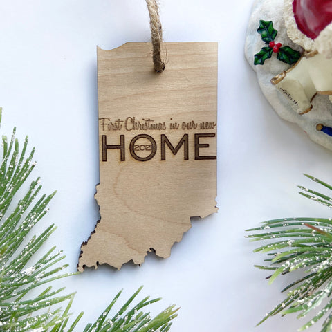 Indiana Wood Christmas Ornament - First Christmas in our new HOME