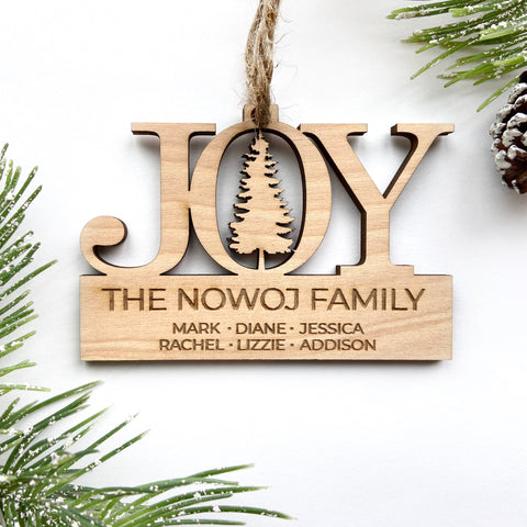 JOY with Tree | Personalized Family Name | Wood Christmas Ornament