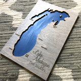 Lake Michigan engraved wood map
