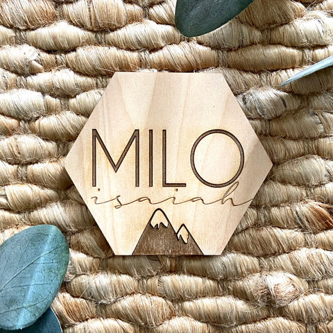 Milo Isaiah Hexagon Wood Baby Announcement with Mountains Engraved
