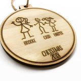 Stick Figure Family Engraved Wood Christmas Ornament