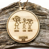 Stick Figure Family Engraved Wood Christmas Ornament