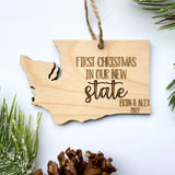 Washington Shaped Ornament engraved with First Christmas in our new state