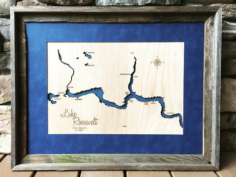 Lake Roosevelt West, Washington 3D lake and river engraved wood map