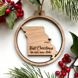 Missouri wood ornament engraved with First Christmas in our new state 2021
