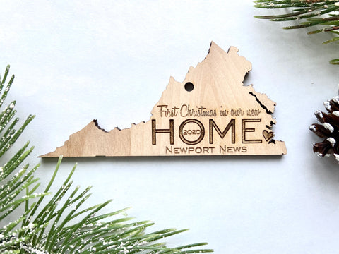 Virginia Wood Christmas Ornament - First Christmas in our new HOME