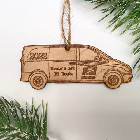 Mail Carrier Gift - Post Office Van Engraved Wood Christmas Ornament