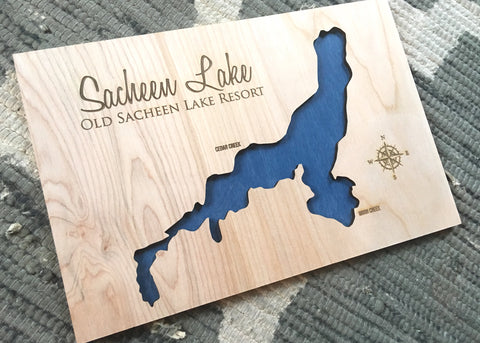 Sacheen Lake, Washington - Custom Engraved 3-D Wood Map Wall Hanging